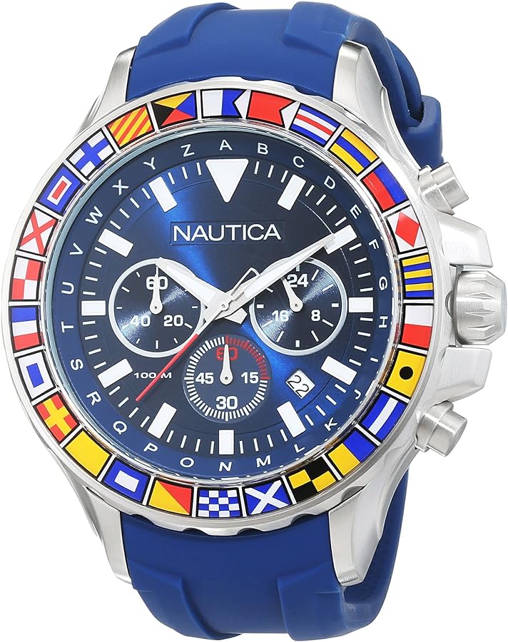 Nautica Men's 'NST 1000 FLAGS' Quartz Stainless Steel and Silicone Casual Watch, Color:Blue (Model: NAD19562G)