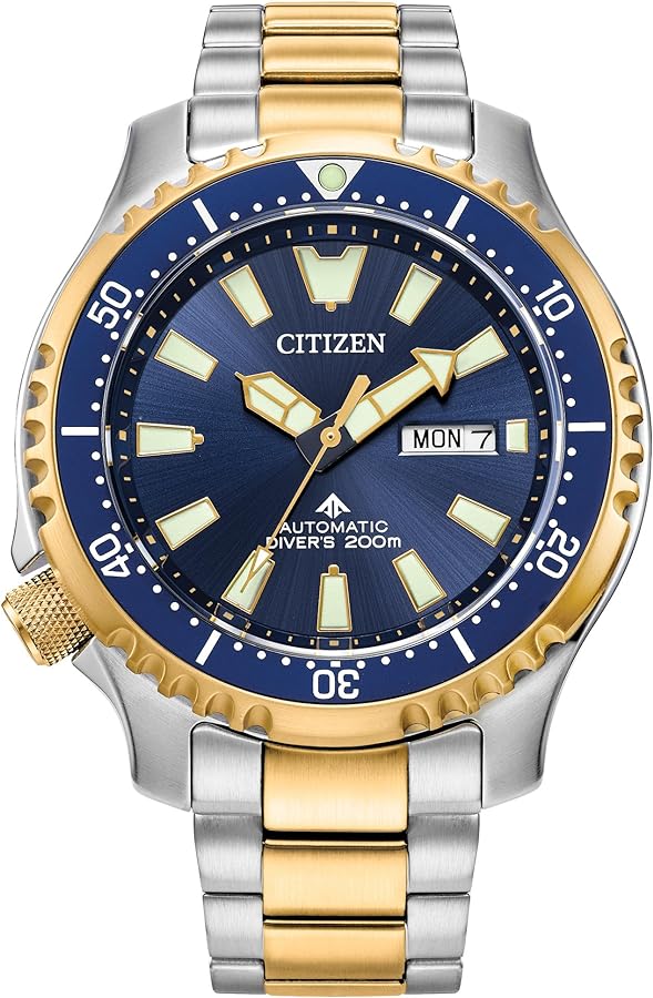 Citizen Men's Eco-Drive Promaster Dive Fugu Automatic Stainless Steel Watch, Luminous, ISO Compliant, Two Tone Gold/Blue Dial