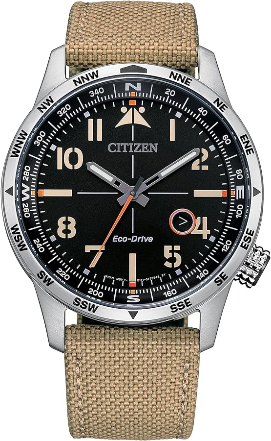 Citizen Men's Eco-Drive Weekender Avion Field Watch in Stainless Steel with Khaki Nylon Strap, Black Dial (Model: BM7550-01E)