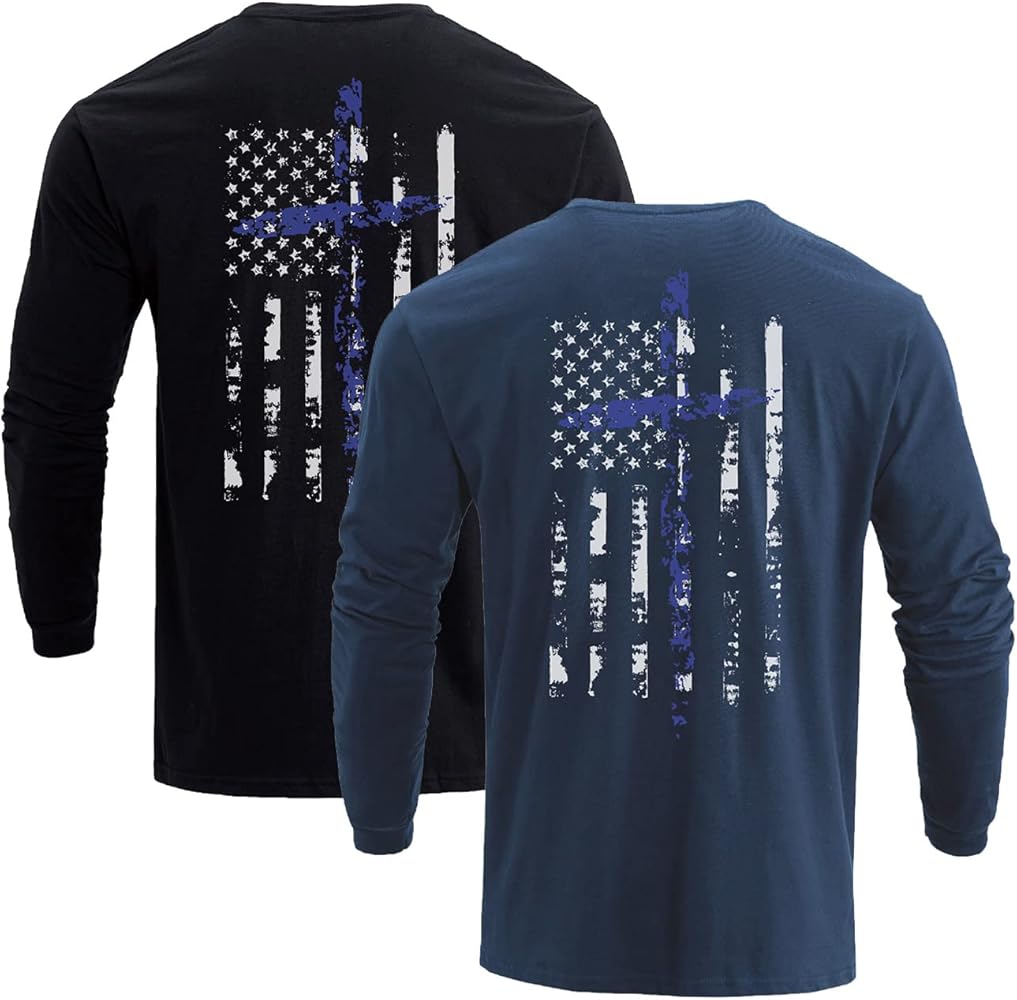 H HYFOL Men's Graphic T-Shirts USA Flag 100% Cotton Long Sleeve American Patriotic Crewneck Regular Tee Shirts,2-Pack