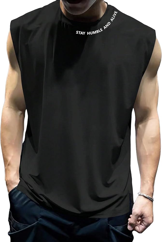 Verdusa Men's Letter Print Crew Neck Sleeveless Muscle Shirt Split Casual Tank Top