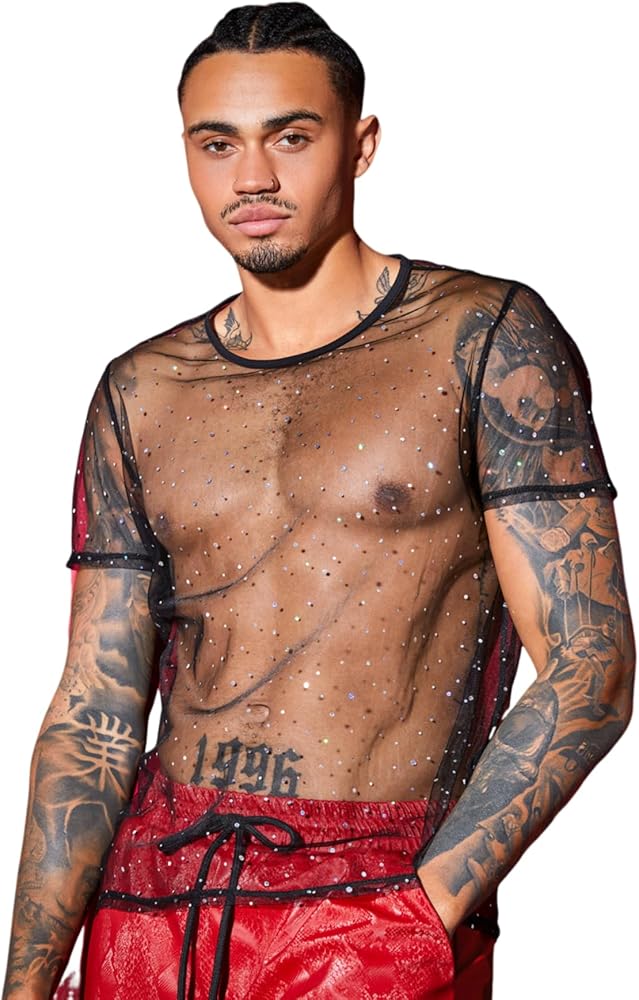 Floerns Men's Sheer Mesh See Through Rhinestone Short Sleeve Party Clubwear Tee Shirts