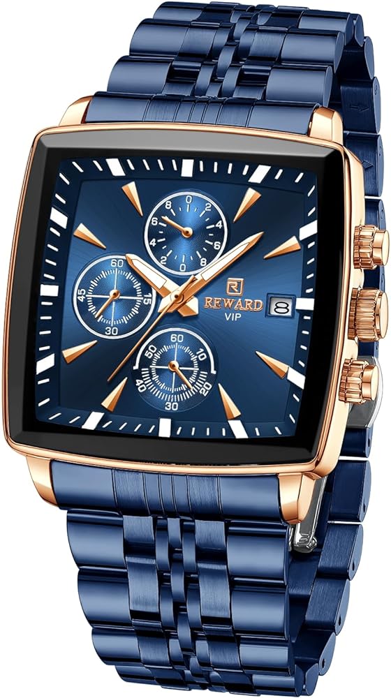 REWARD Square Mens Watch Business Quartz Wrist Watches for Men Chronograph Luminous Waterproof Man Wristwatch Blue