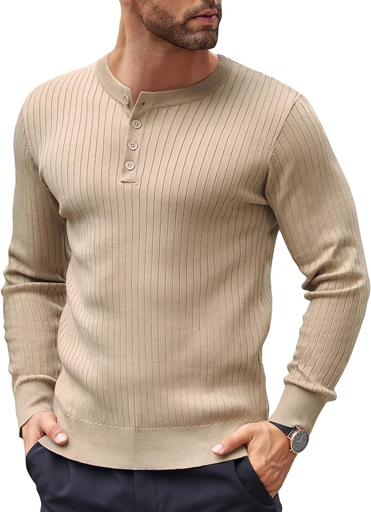 COOFANDY Mens Knit Henley T-Shirts Casual Long Sleeve Slim Fit Lightweight Ribbed Pullover Sweater