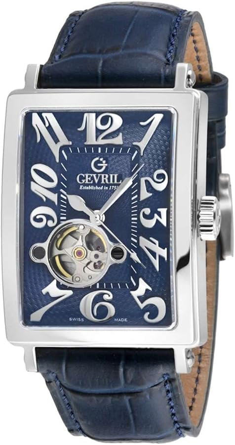 Gevril Men's Avenue of America Intravedere Swiss Automatic Watch, Genuine Handmade Leather Strap, Silver (5072-1)