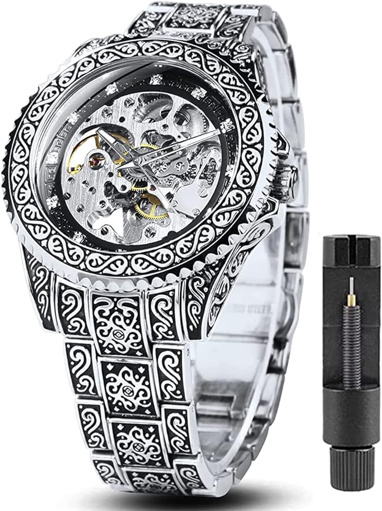 FANMIS Mens Luxury Engraving Wrist Watches Unique Tattoo Pattern Carved Stainless Steel Band Luminous Automatic Skeleton Watch