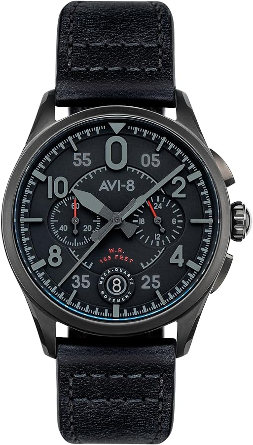 AVI-8 Mens 42mm Spitfire Lock Chronograph Japanese Quartz Pilot Watch with Leather Strap AV-4089