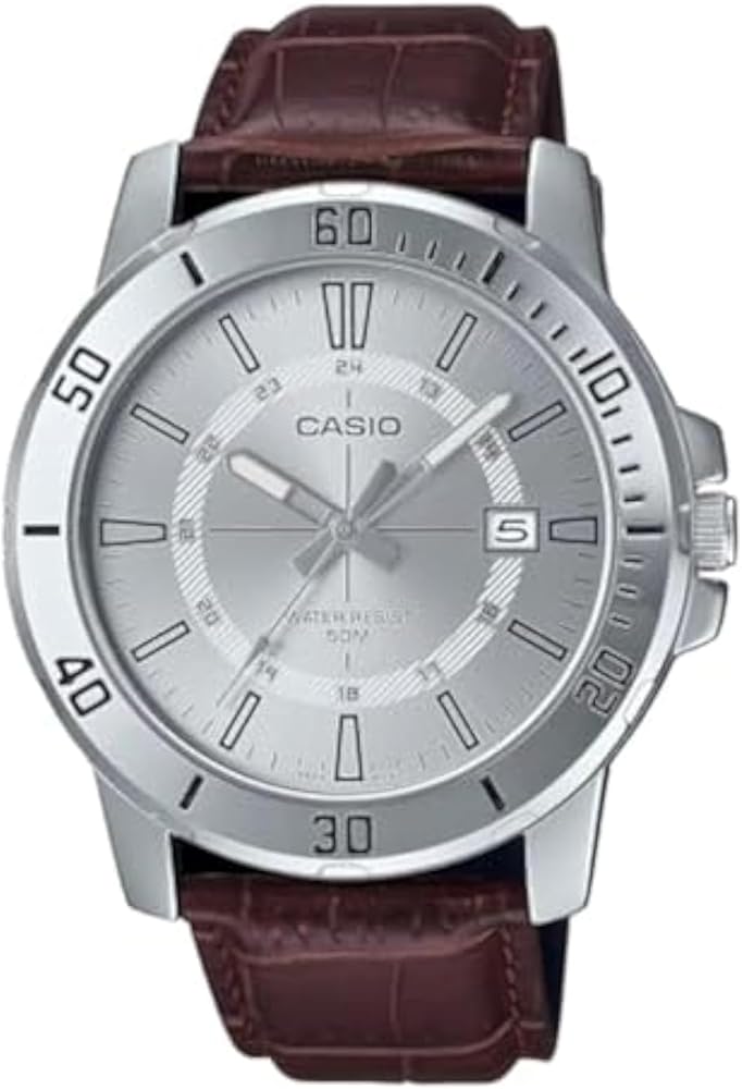 Casio MTP-VD01L-7CV Men's Enticer Leather Band 24 Hour Silver Index Dial Casual Analog Sporty Watch