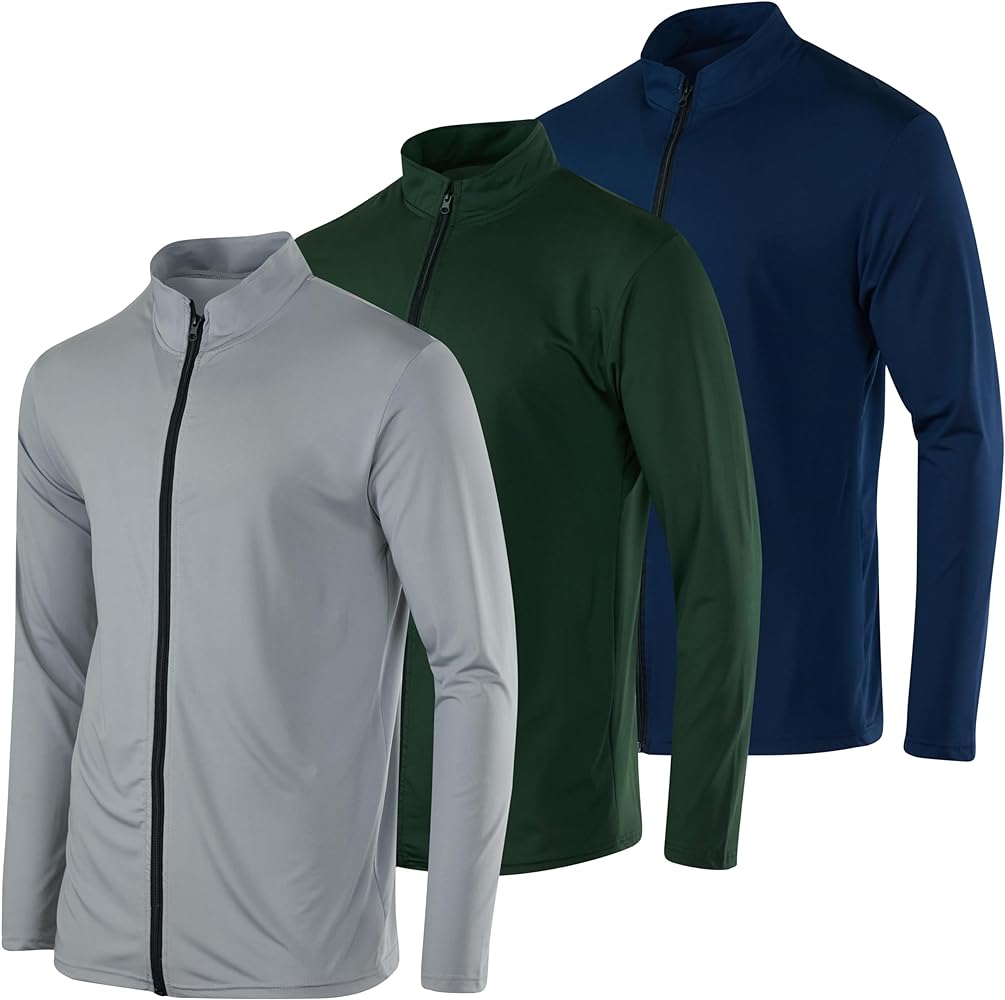 Real Essentials 3 Pack: Mens Dry-Fit Long Sleeve Full Zip Hoodie & Jacket- Athletic Running Jacket (Available in Big & Tall)