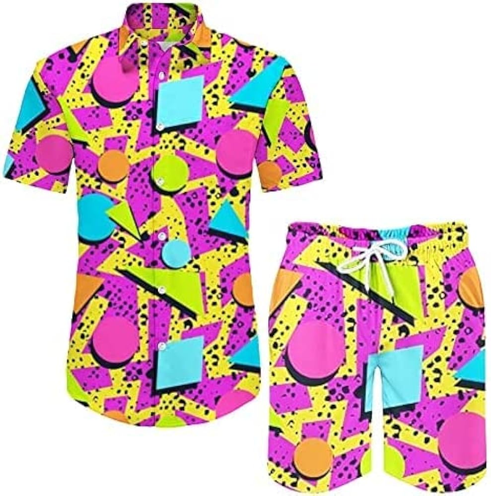 Gihuo Mens 2 Pieces 80s 90s Outfits Vintage Shirts and Shorts Matching Set Hawaiian Beach Suits Disco Party Active Tracksuits