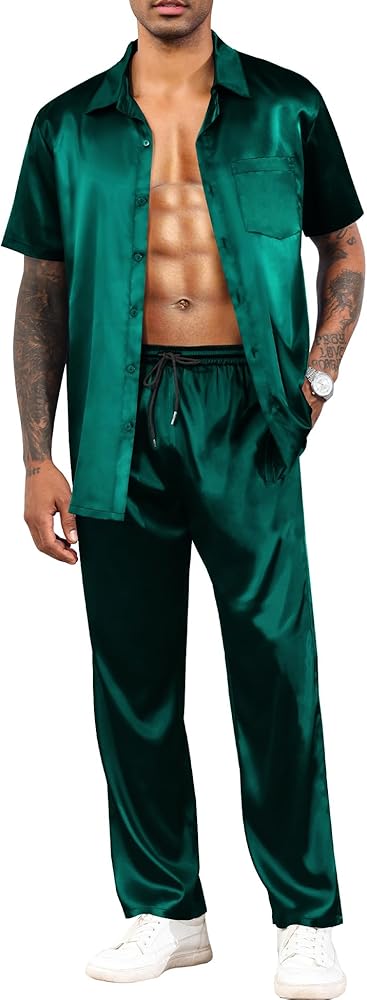 LecGee Men's Satin 2 Piece Outfits Lapel Short Sleeve Tracksuit Button Tops Jogger Pants Set With Pocket Prom Club Party