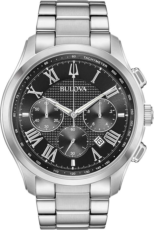 Bulova Men's Classic Wilton 3-Hand 21-Jewel Watch, 60 Hour Power Reserve, Luminous Hands, Open Aperture, Roman Numeral Markers Domed Sapphire Crystal, 43mm, Stainless Steel/Black Dial