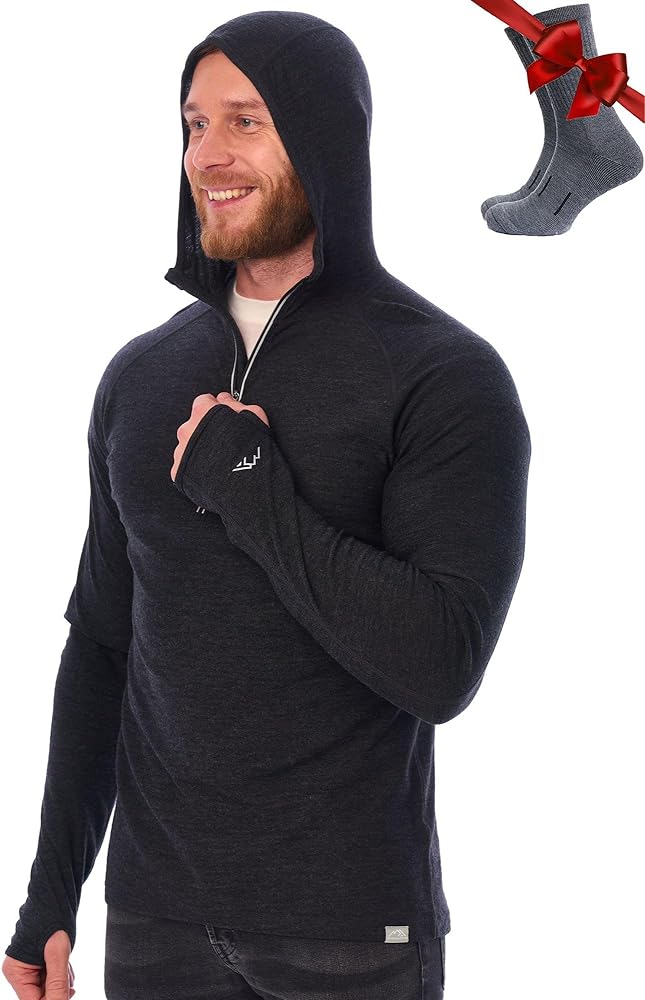 Merino.tech 100% Merino Wool Hoodie Men - Slim Fit Merino Wool Base Layer Mens Half Zip Thermal Long Sleeve Lightweight Shirt