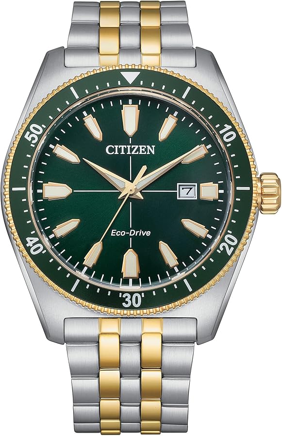 Citizen Eco-Drive Men's Sport Casual Brycen Two-Tone Gold Stainless Steel with Green Dial Watch, 3-Hand Date, Luminous, 43mm