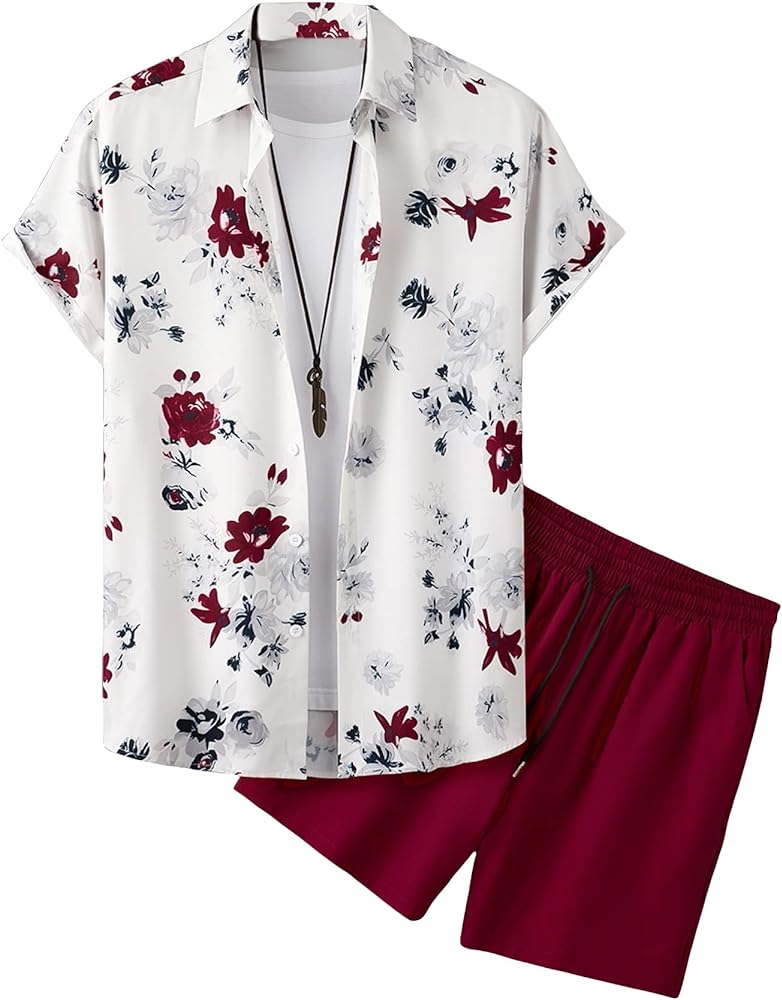 OYOANGLE Men's 2 Piece Outfits Boho Floral Print Button Down Short Sleeve Blouse and Shorts Set