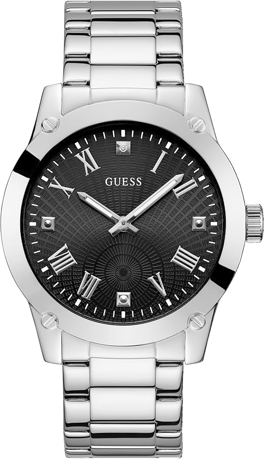 GUESS Men's 44mm Watch - Silver Tone Strap Black Dial Silver Tone Case