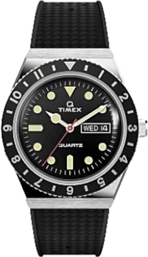 Timex Men's Q 38mm Watch - Black Dial Stainless Steel Case Black Rubber Strap