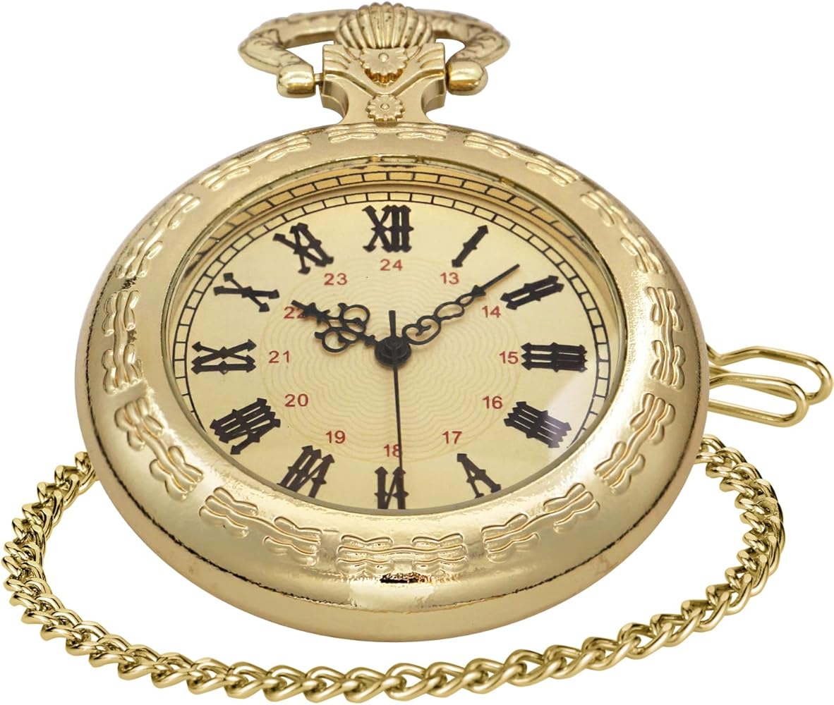 Gold Uncovered Quartz Pocket Watch for Men, Men's Uncovered Roman Digital Quartz Pocket Watch Men with Chain