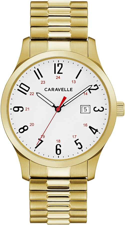 Caravelle by Bulova Men's Traditional 3-Hand Date Quartz Gold Tone Stainless Steel Watch with Expansion Band Style: 44B117