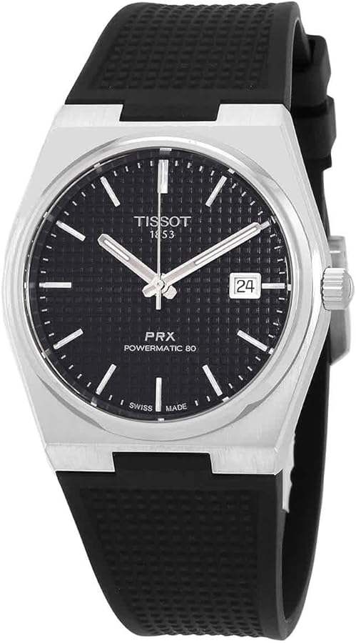 Tissot Mens PRX Powermatic 80 316L Stainless Steel case Automatic Watches, Black, Rubber, 12 (T1374071705100)