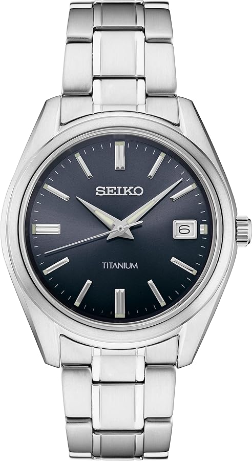 SEIKO SUR373 Watch for Men - Essentials - Blue Dial with Sunray Finish, Date Calendar, Titanium Case & Bracelet, Sapphire Crystal, and 100m Water Resistant