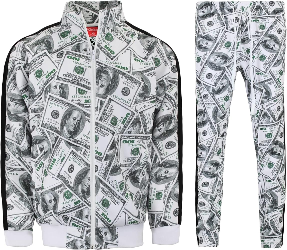 Men's 100 Dollar Money Print Hip Hop Track Suits 2 Piece Sweatsuit Set ST805 - White - 2X-Large - V-C31