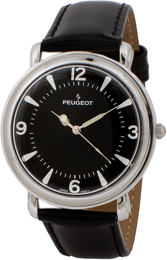 Peugeot Men's Slim Case Metal Dress Watch with Leather Wrist Strap