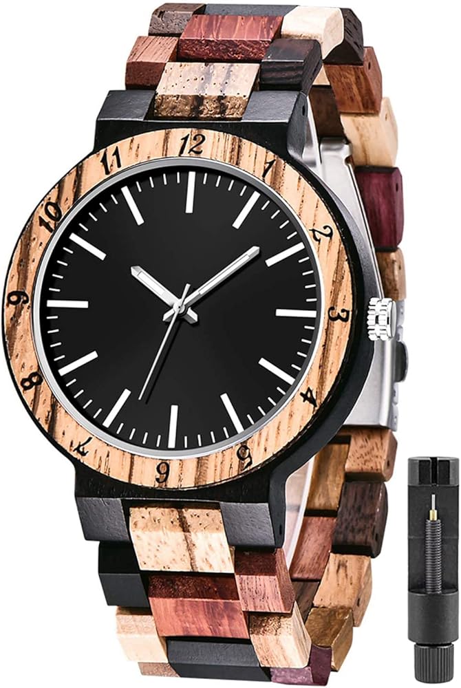 Tiong Wood Watch Handmade Bamboo Analog Quartz Foldover Clasp Wood Strap Wooden Watches for Men Christmas Thanksgiving Birthday Gift Fathers Days