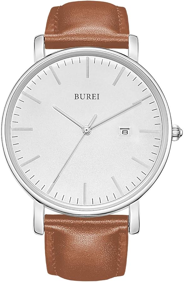 BUREI Men's Fashion Minimalist Wrist Watch Waterproof Watches Simple Ultra Thin Watches Analog Quartz Date with Brown Black Leather Strap