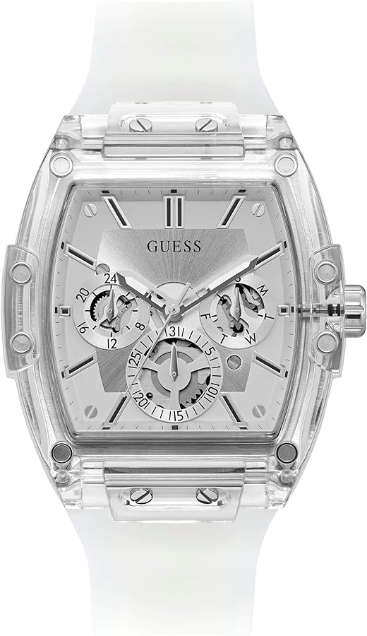 GUESS Men Stainless Steel Quartz Watch with Plastic Strap, White, 24 (Model: GW0203G1), Clear/Silver/Clear