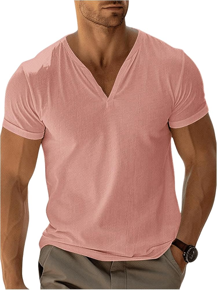 Verdusa Men's Short Sleeve Tee Tops Notched V Neck Textured T Shirt