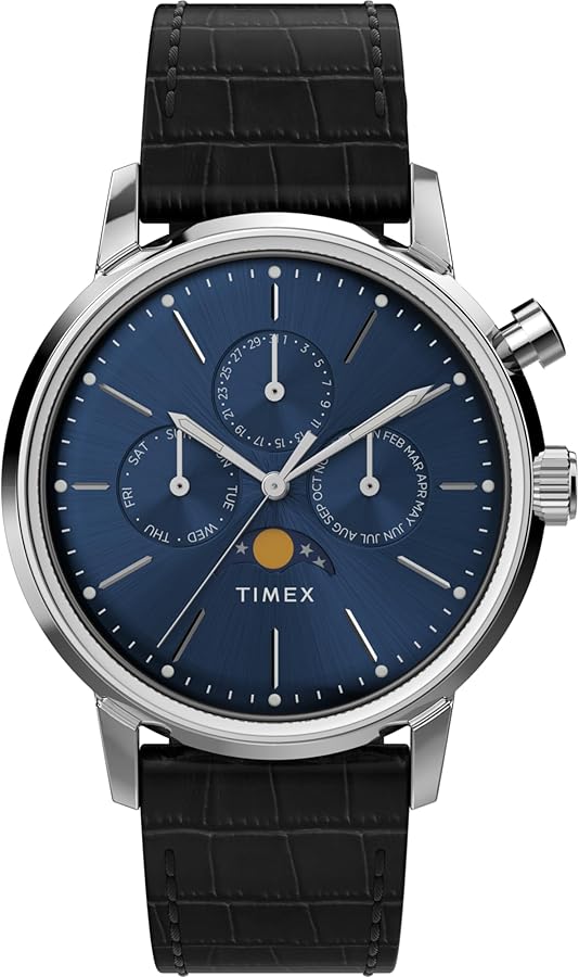 Timex Men's Marlin Moon Phase 40mm Watch - Black Strap Blue Dial Stainless Steel Case