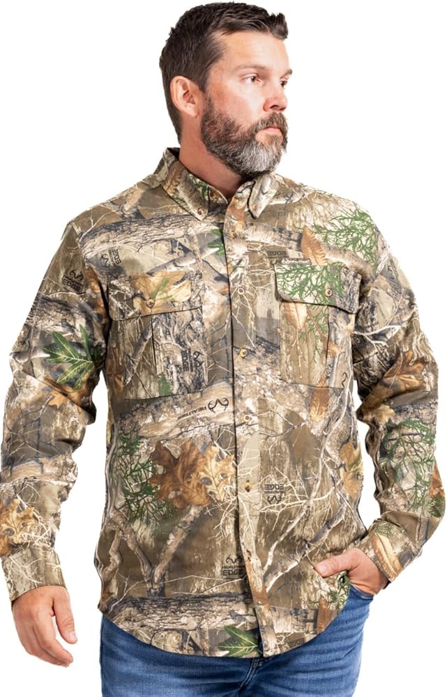 Realtree Men's Button-Down Camo Camp Shirts for Hunting, Hiking and Fishing