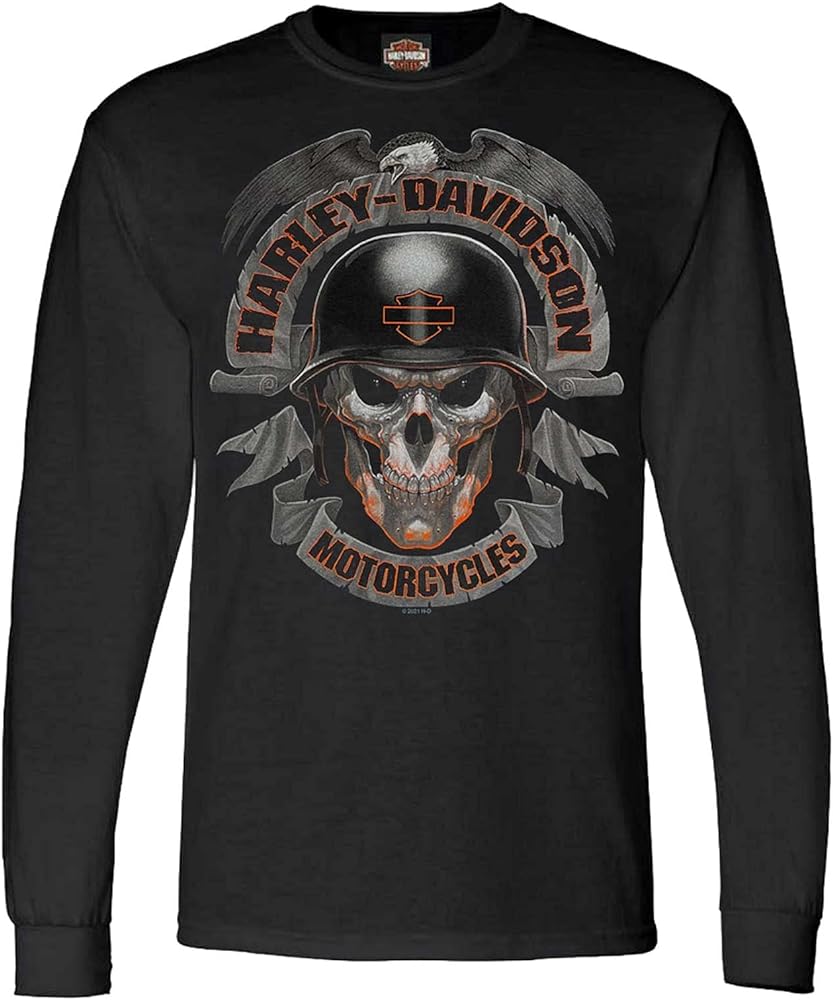 Harley-Davidson Men's Ghoulish Biker Skull Long Sleeve Crew-Neck Shirt - Black