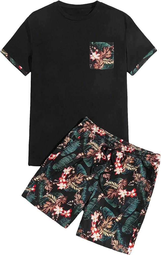 GORGLITTER Men's 2 Piece Outfits Tropical Print Pocket Short Sleeve T Shirt and Shorts Set