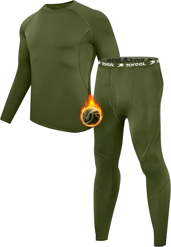 Long Johns for Men Thermal Underwear for Men Fleece Lined Hunting Gear Mens Thermals Top and Bottom Set Dark Green