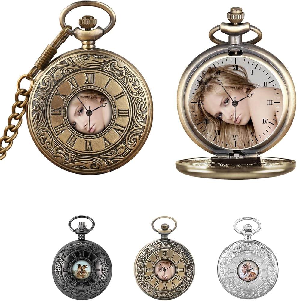 LAIFU Personalized Pocket Watches for Men Women with Photo & Text Custom Engraved Quartz Pocket Watch with Chain