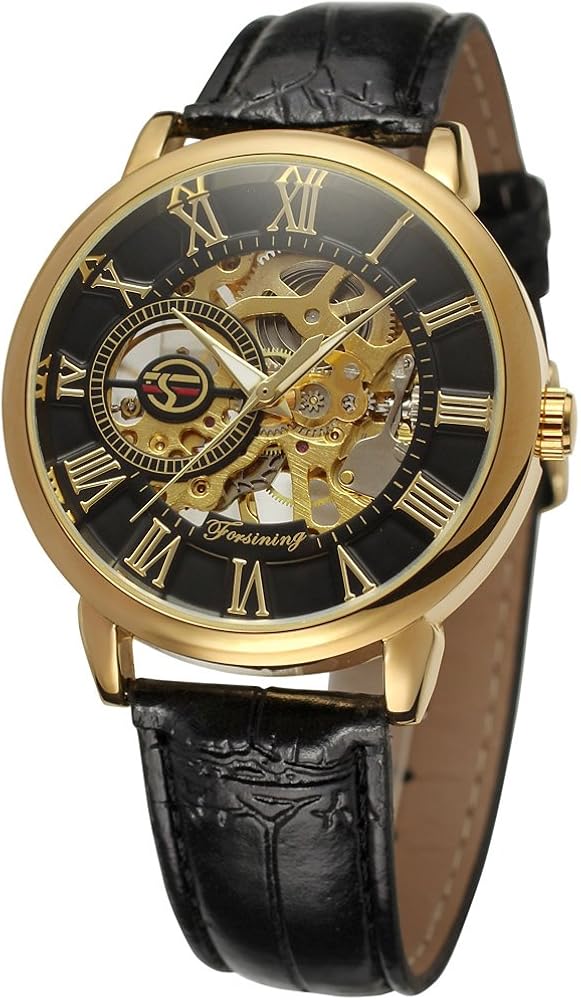 FORSINING Men's Waterproof Mechanical Hand Wind Skeleton Antique Steampunk Leather Wristwatch