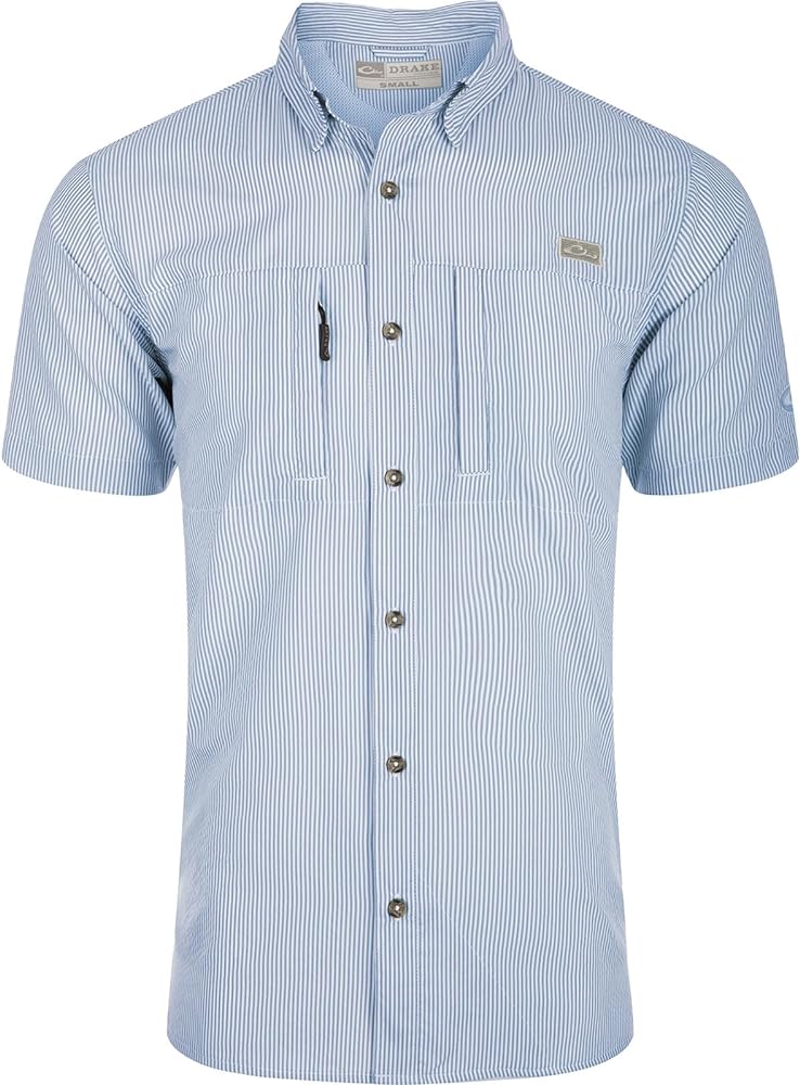 DRAKE Men's Classic Seersucker Stripe Casual Athletic Moisture Wicking Quick Drying Short Sleeve Buttoned Shirt with Pockets