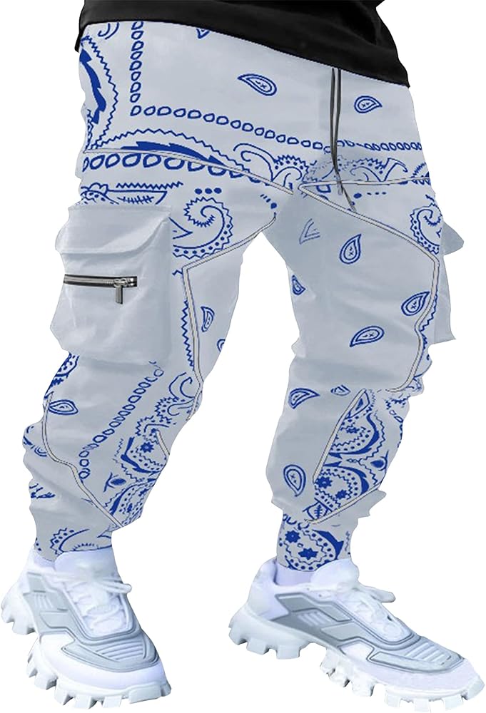 Men's Paisley Pants Cargo Jogger Hip Hop Workout Punk Pants Bandana Techwear Streetwear Sweatpants