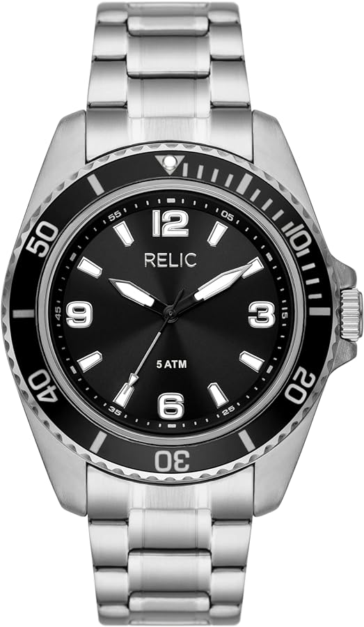 Relic by Fossil Men's Dustin Three-Hand Silver Stainless Steel Bracelet Sport Watch with Black Dial and Bezel (Model: ZR12669)