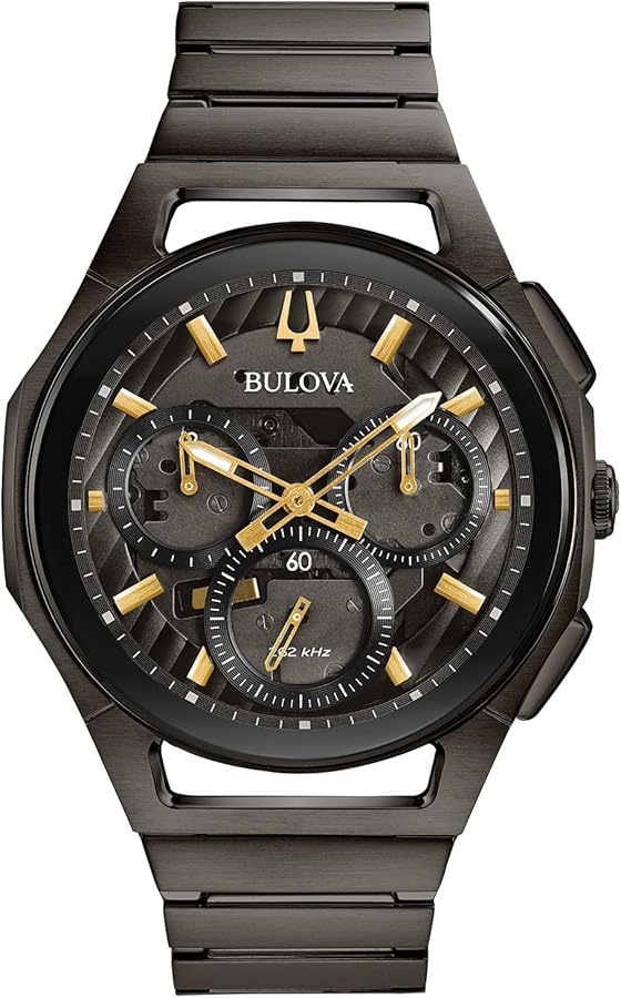 Bulova Men's CURV High Performance Quartz Stainless Steel Watch, 5-Hand Chronograph, Sapphire Crystal, Luminous Hands, Black Ion-Plated/ Gold Tone Accents