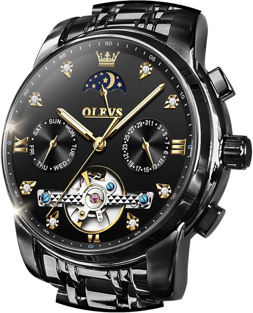 OLEVS Watches for Men Automatic Skeleton 5 Hands Mechanical Luxury Watch Classic Calendar Stainless Steel Waterproof Mens Wrist Watch