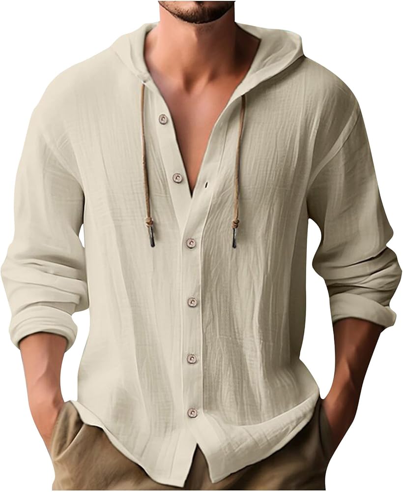 Mens Long Sleeve Linen Shirts Drawstring Hooded Sweatshirt Casual Fall Button Shirts Boys Trendy Streetwear Loose Fit