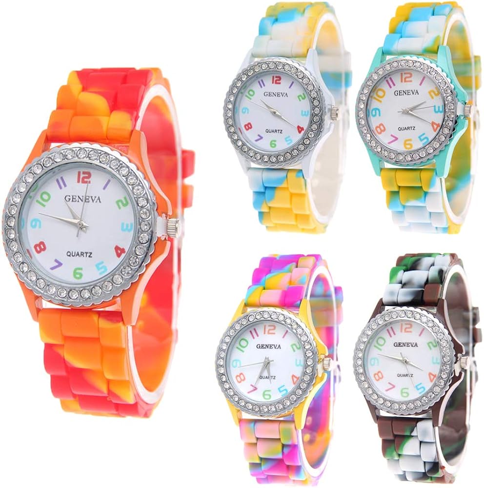 CdyBox Wholesale Watch Set Lot 5 Pack Rhinestone Colorful Silicone Jelly Wristwatch for Women Lady