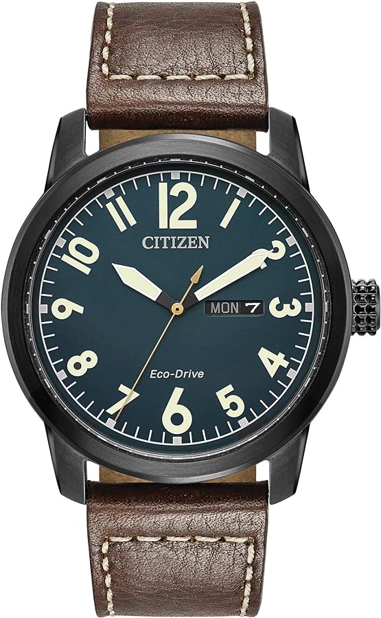 Citizen Men's Eco-Drive Weekender Garrison Field Watch in Black IP Stainless Steel with Brown Leather strap, Navy Dial (Model: BM8478-01L)