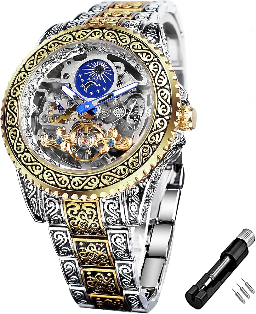 FORSINING Vintage Watch for Men Engraved Automatic Self-Wind Mechanical Big Dial Luminous Moon Phase Golden Hollow Tattoo Pattern Wrist Watches, Mechanical