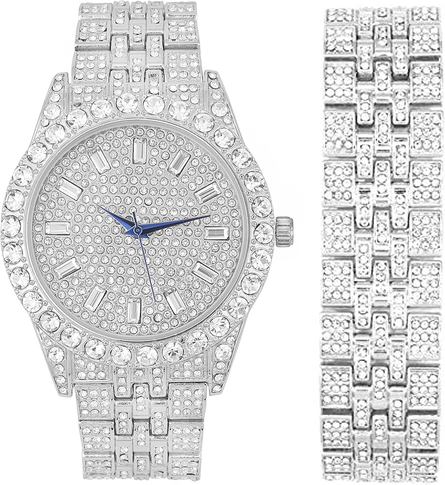 Iced Mens Single Watch or Watch w/Matching Rolly or Cuban Hip Hop Bracelet - Your Choice! - Big Rhinestones on Trim and Elegant Baguette Time Indicators on Dial - Master Bling Designer - ST10226B