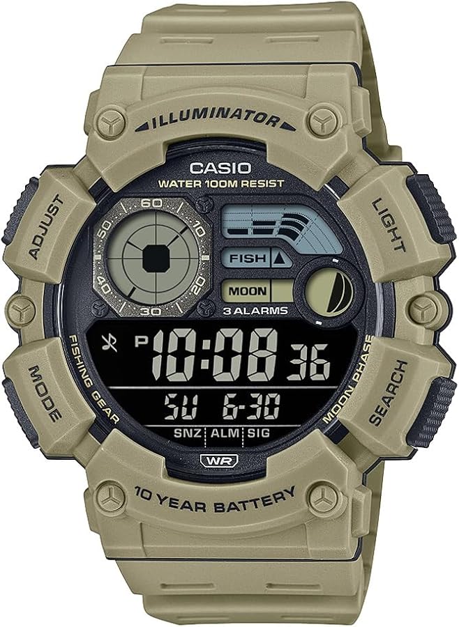 Casio WS-1500H Series | Men's Digital Watch | (Beige) | 100M WR | LED Illuminator | Moon Phase | Fishing Graph | Date Calendar | 100 SEC Chronograph | Alarm | Dual Time