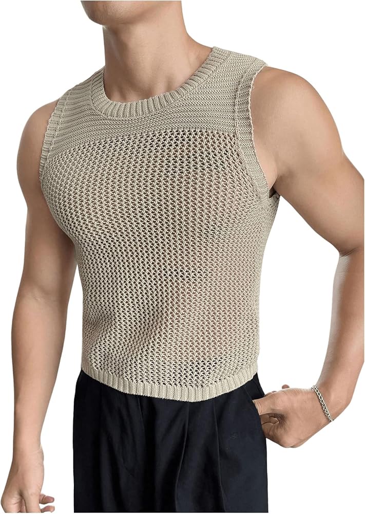 Verdusa Men's Hollow Out Sleeveless Knit Top Round Neck Tank Muscle Shirts